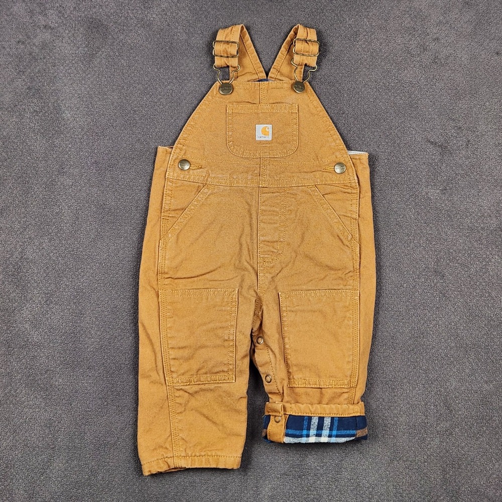 Carhartt Flannel Lined Canvas Overalls Baby 9M Brown Double Knee Snap Leg Rugged